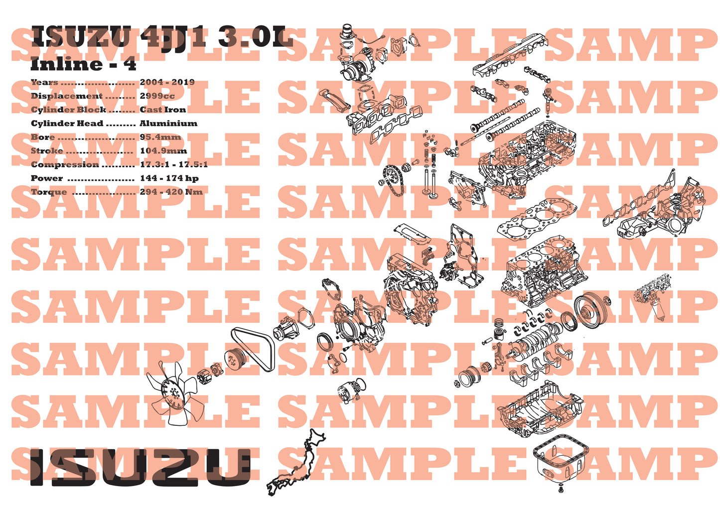 Isuzu 4JJ1 3.0L exploded view poster