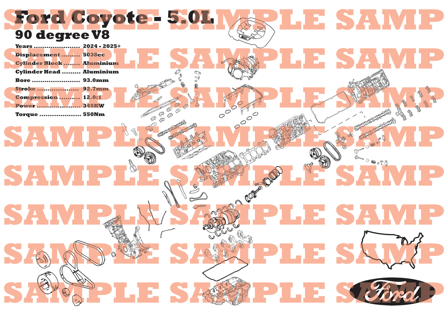 Ford Coyote 5.0 [GEN 4] exploded view poster