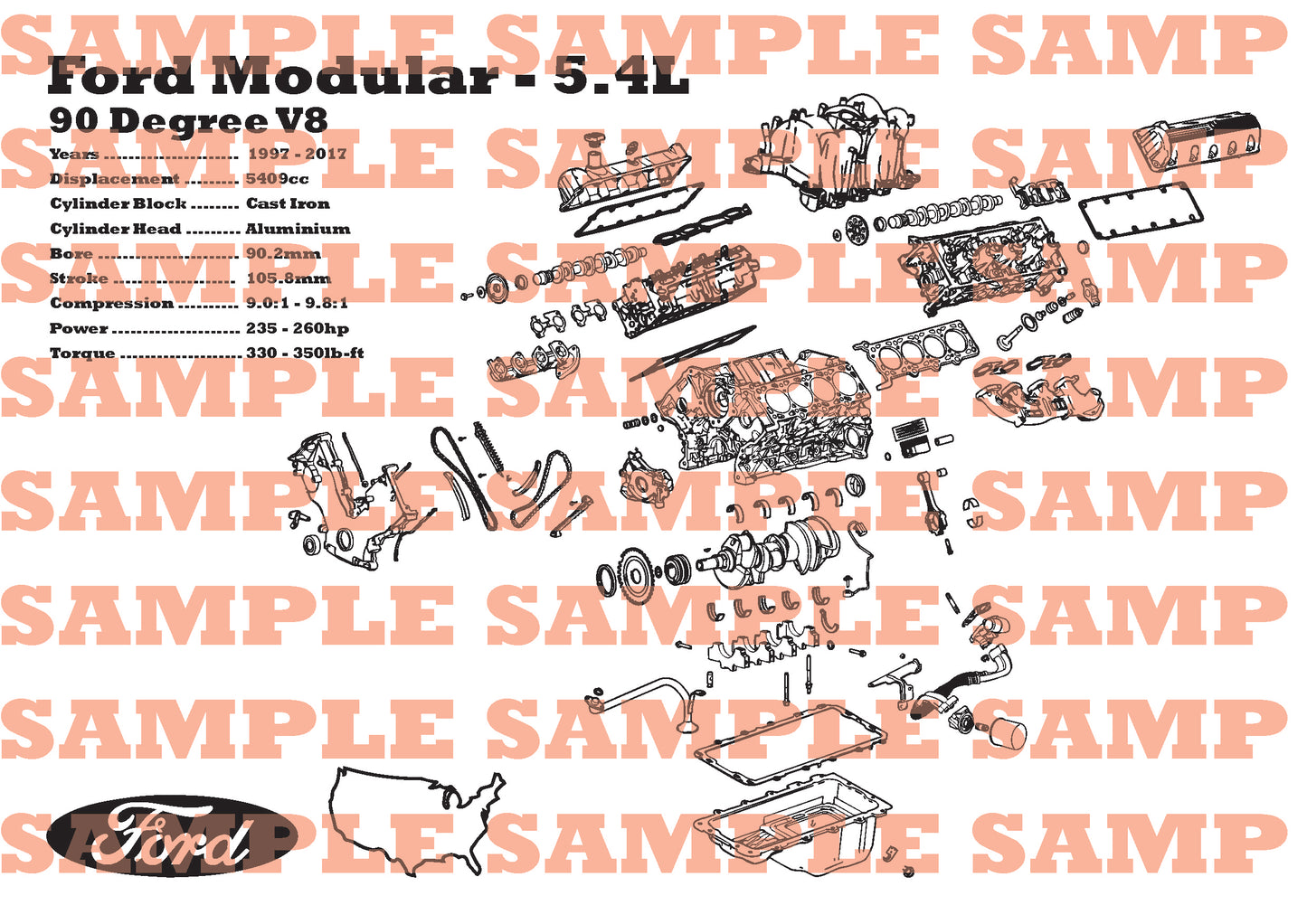 Ford Modular Triton 5.4L [2 Valve] exploded view poster