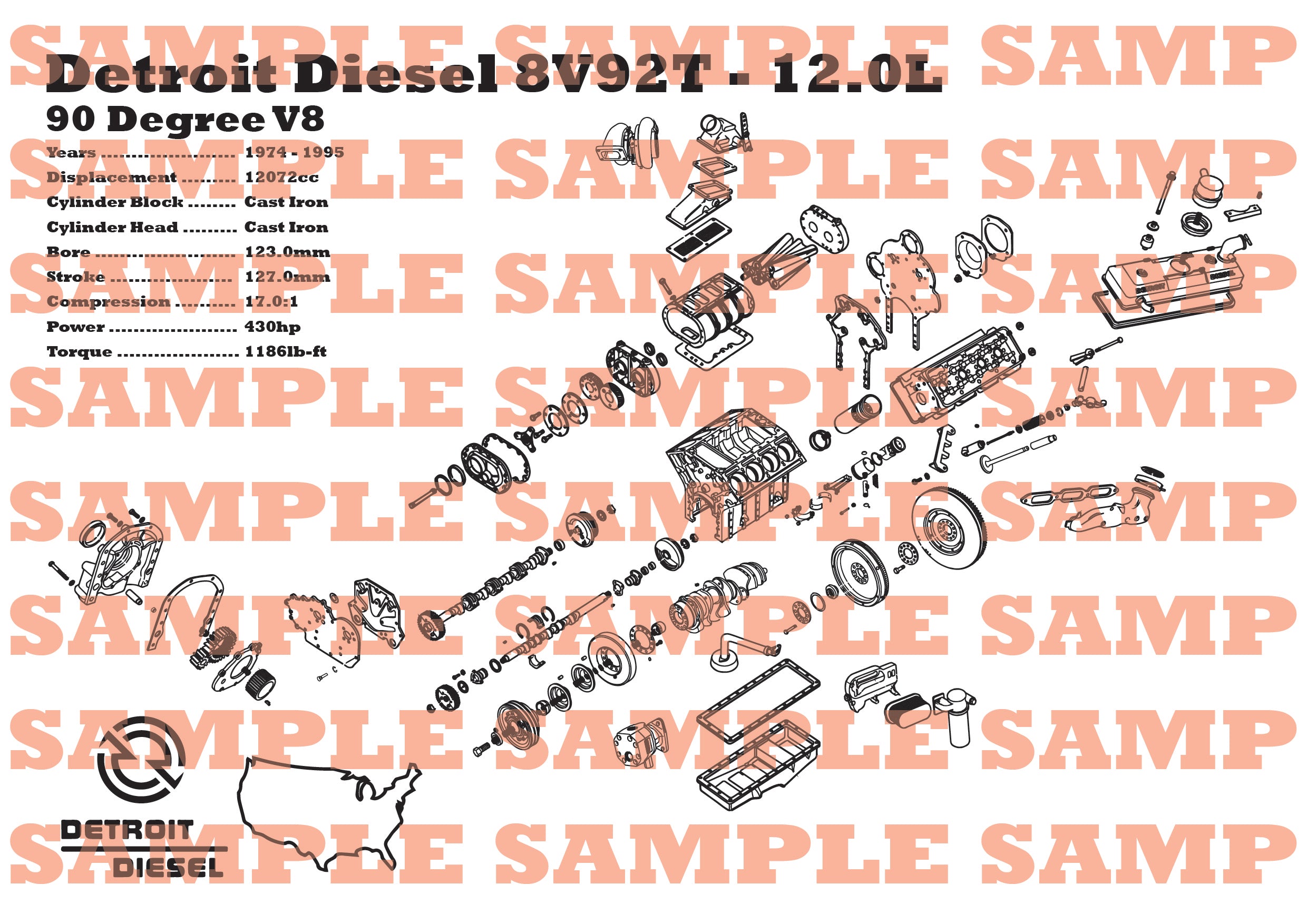 Detroit Engine Exploded View Detroit Diesel 8V92T 12.0L exploded view poster – EngineMaps