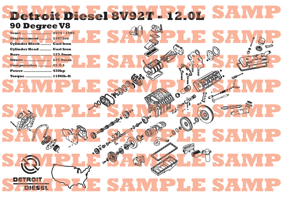 Diesel Exploded View Detroit Diesel 8V92T 12.0L exploded view poster – EngineMaps