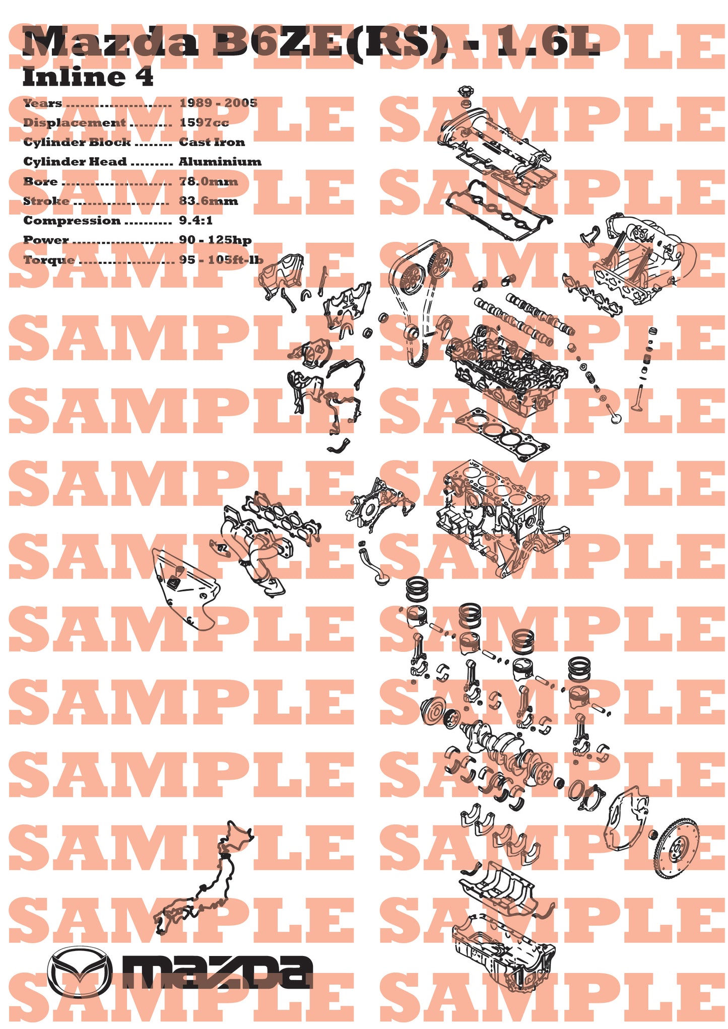 Mazda B6ZE(RS) 1.6L Exploded View Poster