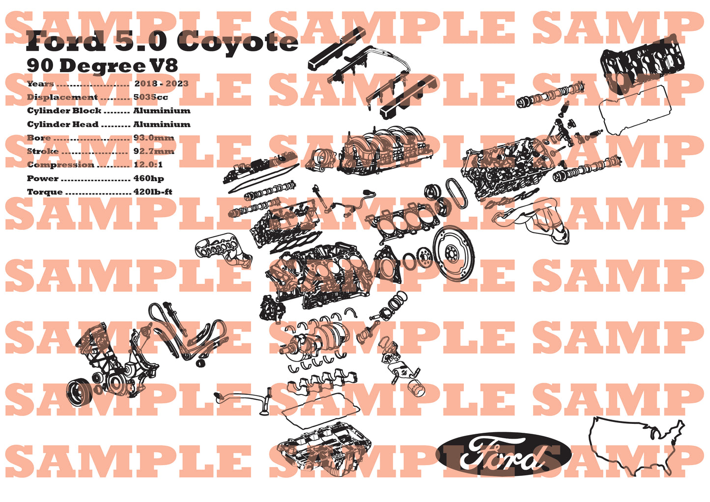 Ford 5.0 Coyote exploded view poster [3rd Gen]