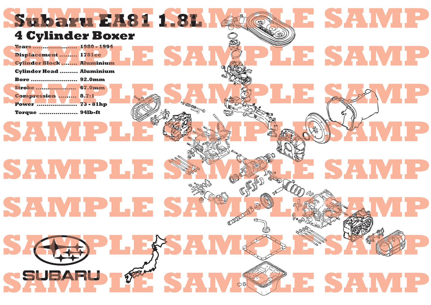 Subaru EA81 1.8L exploded view poster