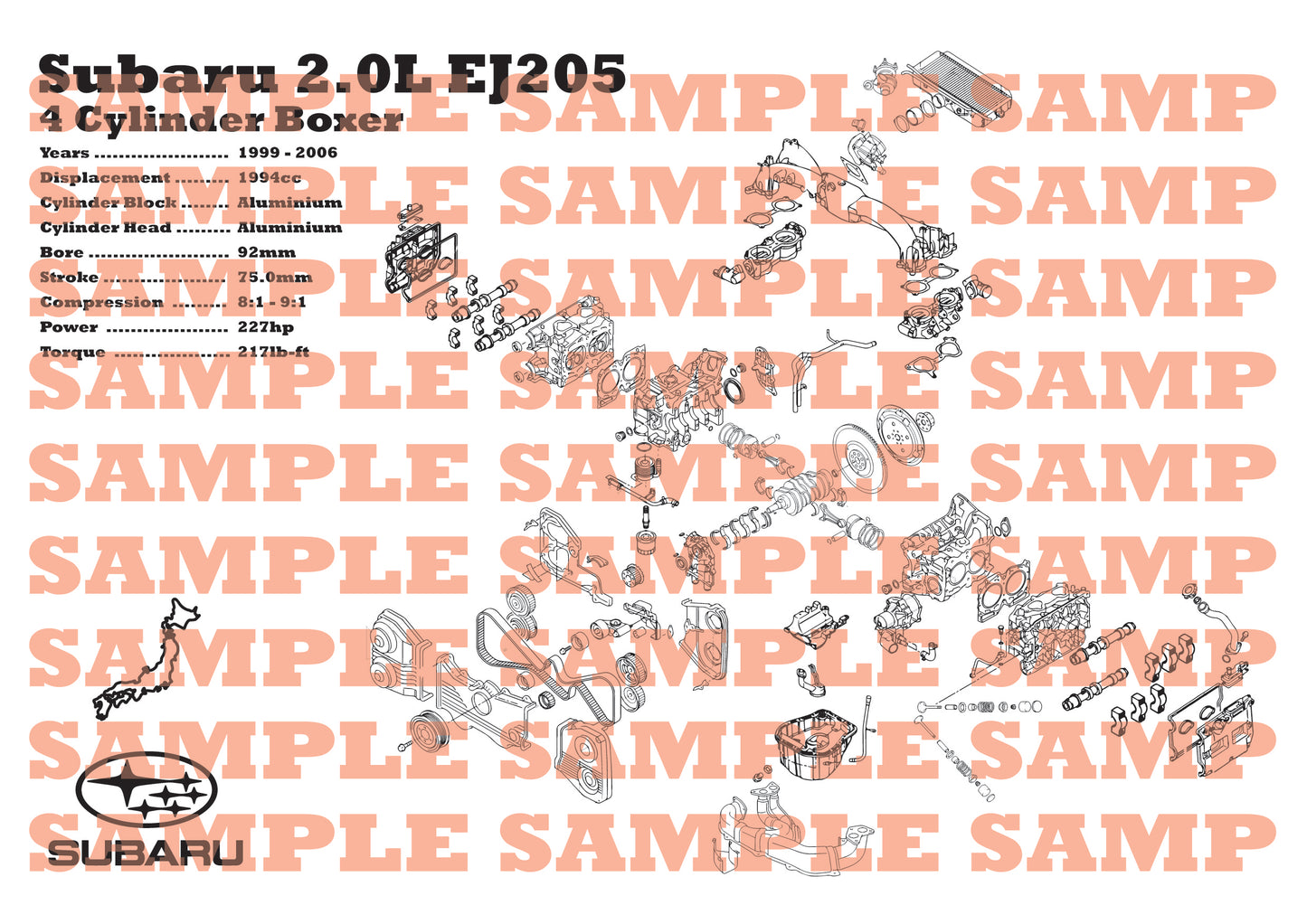 Subaru EJ205 2.0L Exploded View Poster