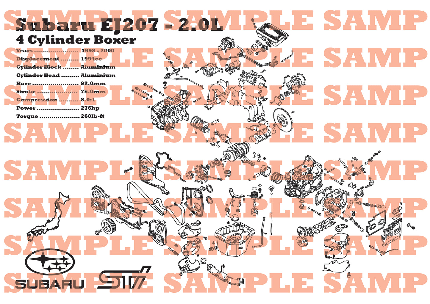 Subaru EJ207 2.0L [Non VCT] Exploded View Poster