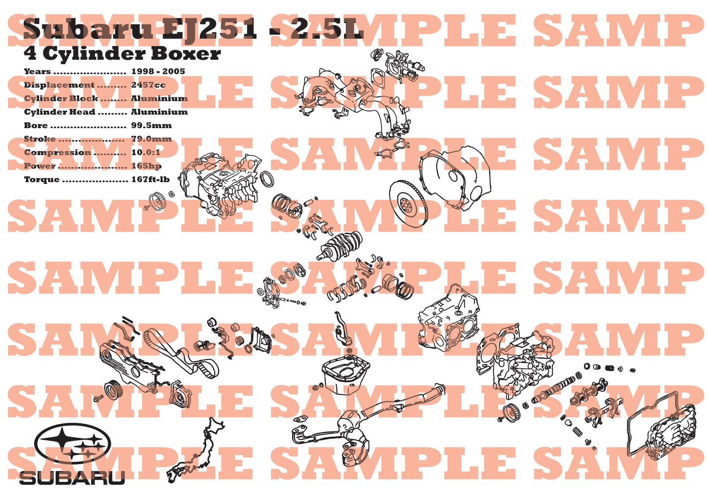 Subaru EJ251 2.5L Exploded view poster