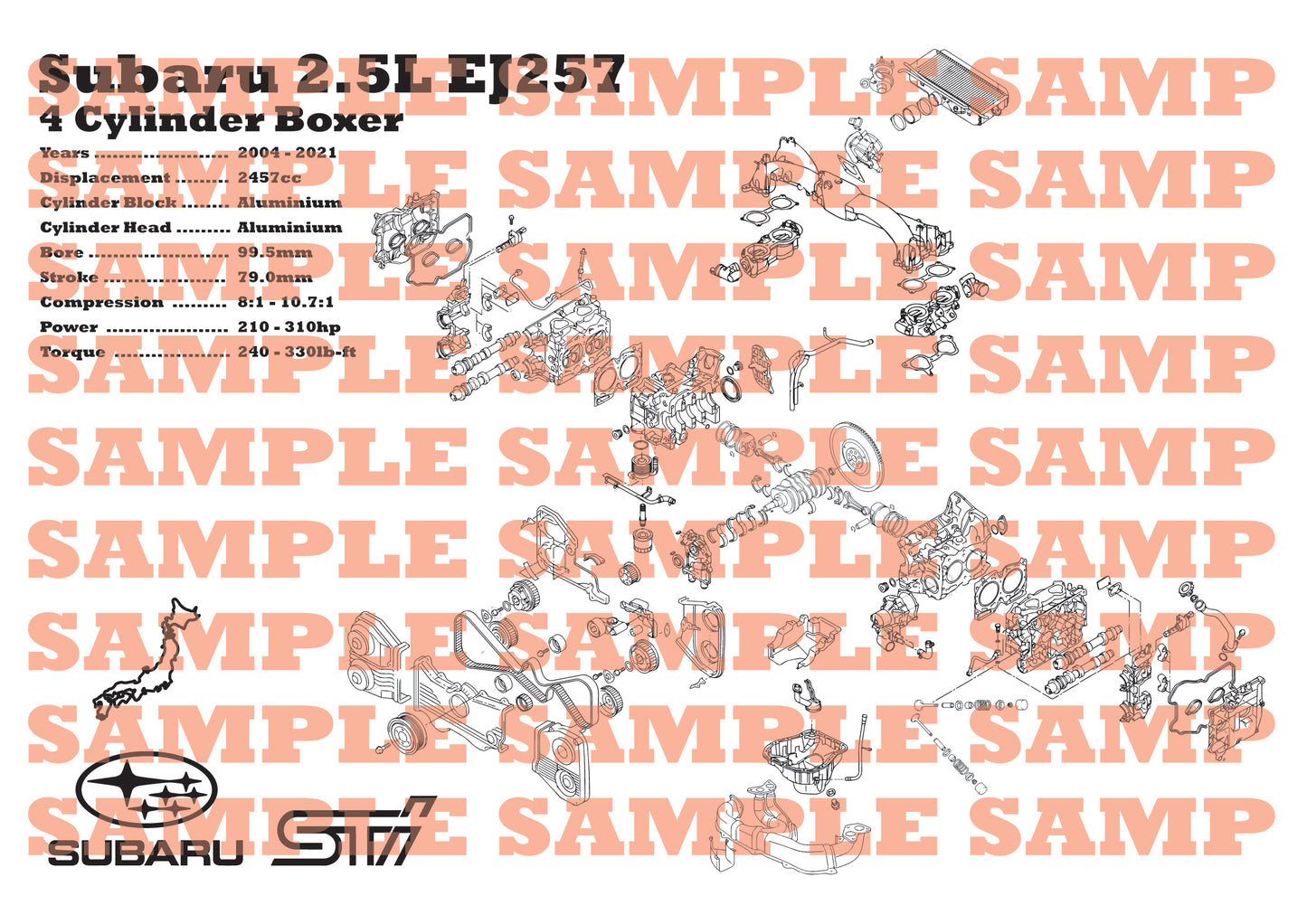 Subaru EJ257 2.5L Exploded View Poster