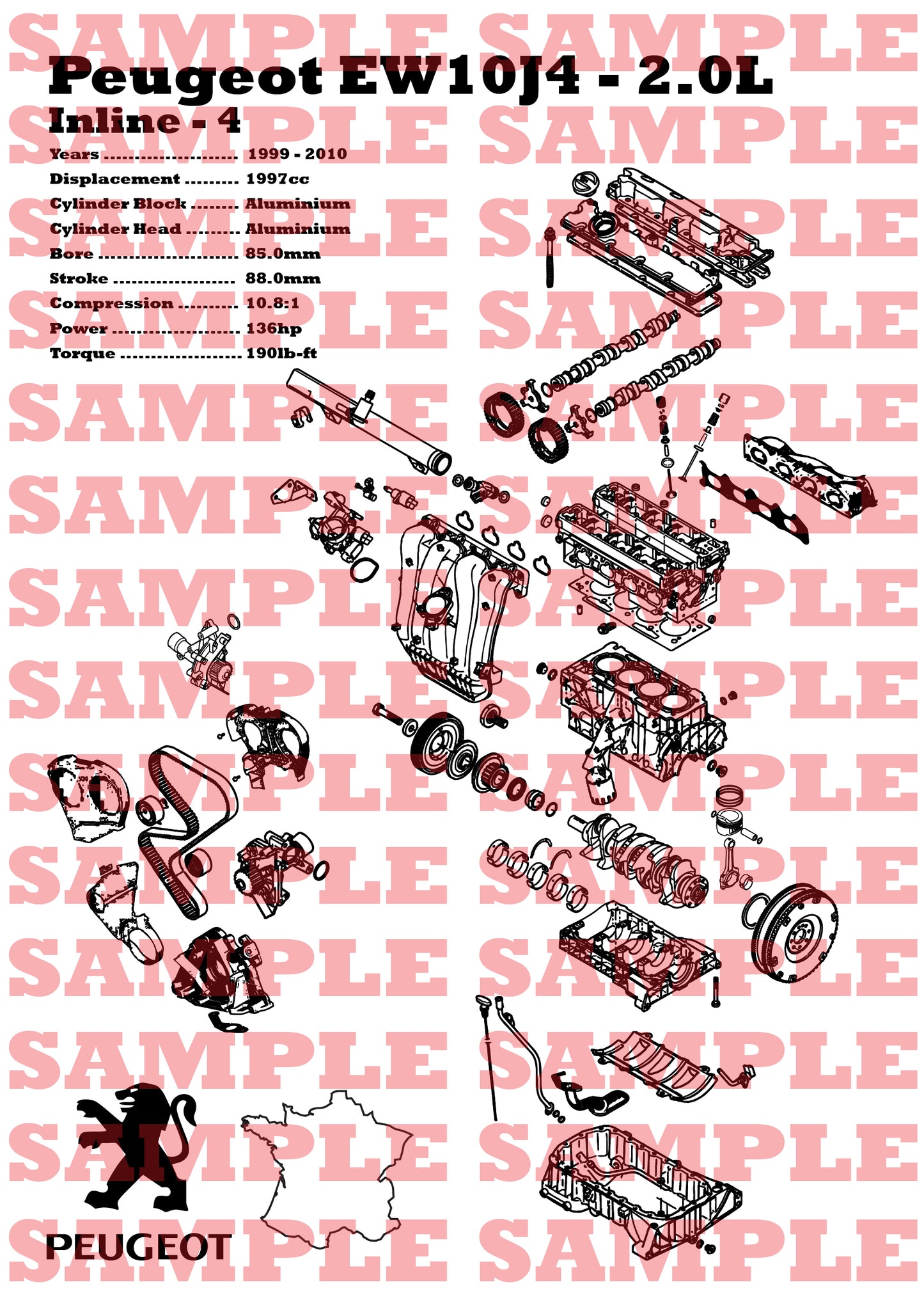 Peugeot EW10J4 2.0L exploded view poster
