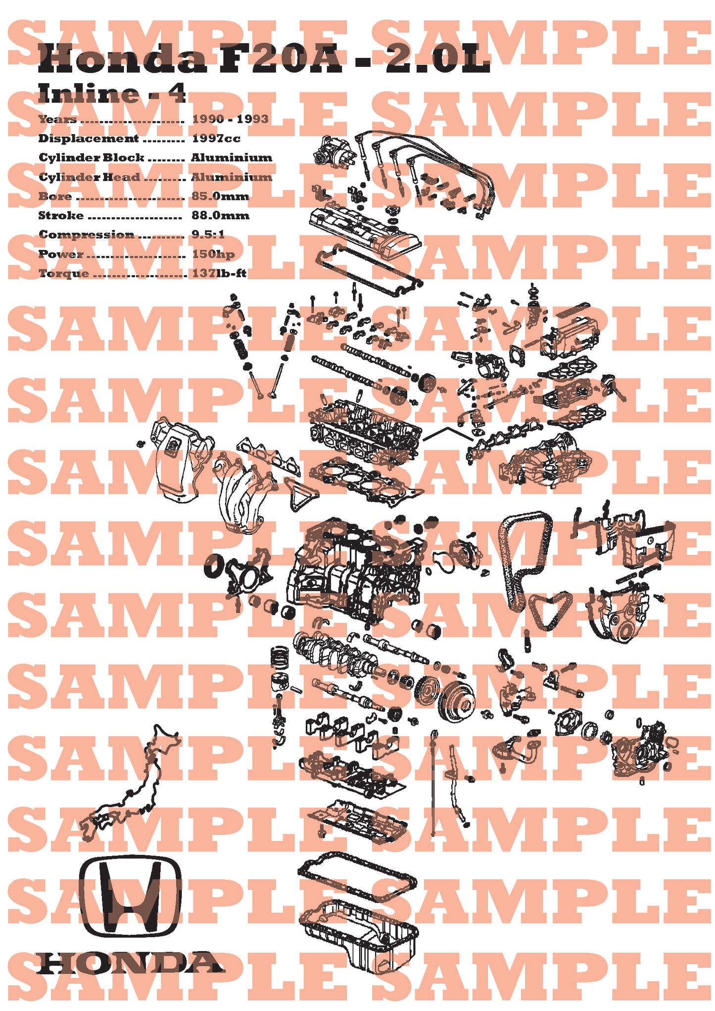 Honda F20A 2.0L Exploded View Poster