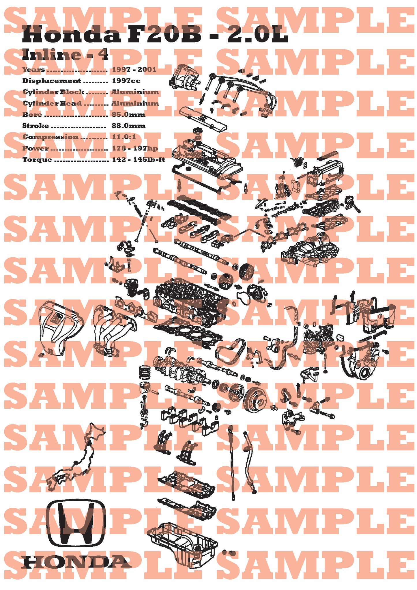 Honda F20B 2.0L Exploded View Poster