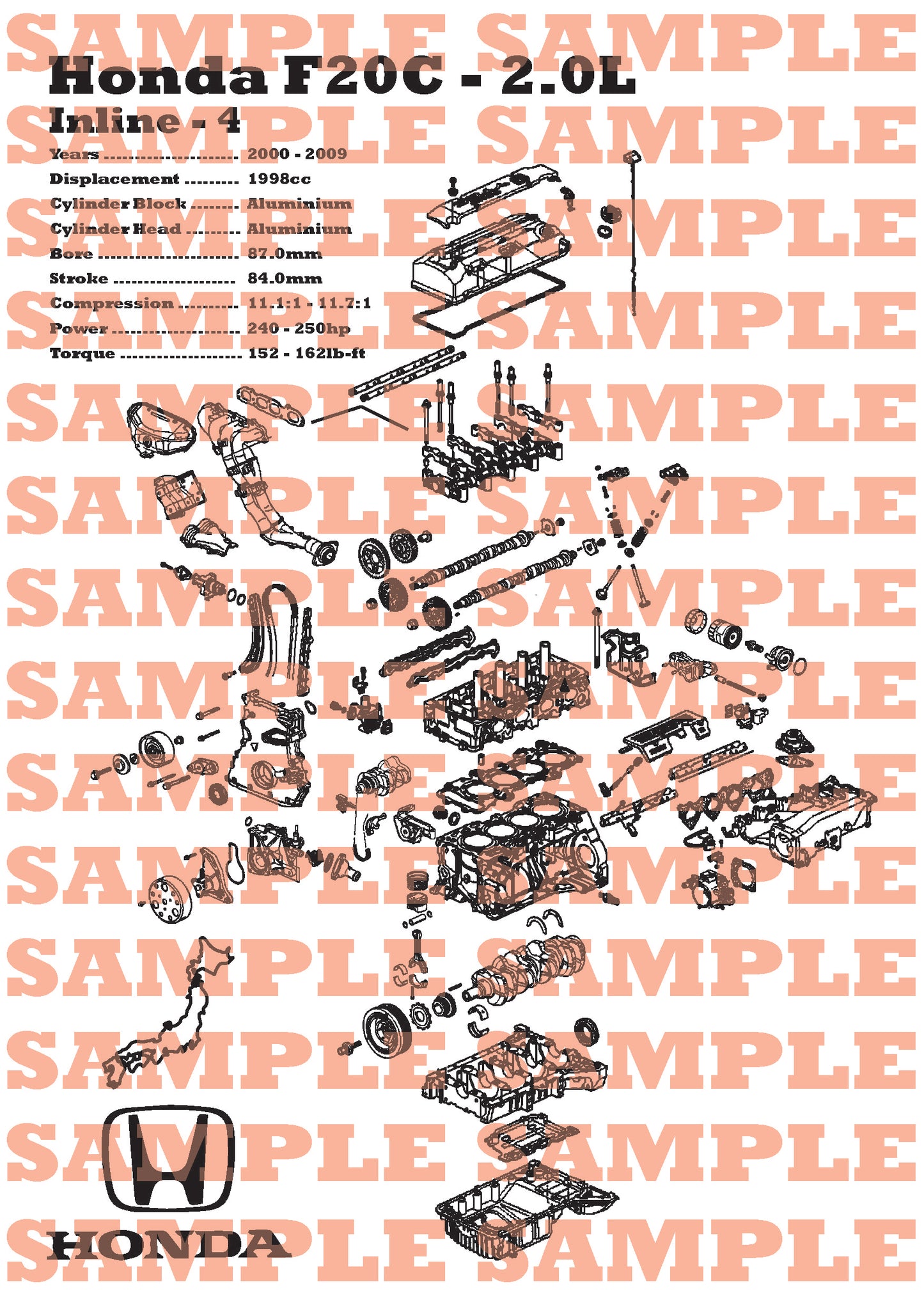 Honda F20C 2.0L Exploded View Poster