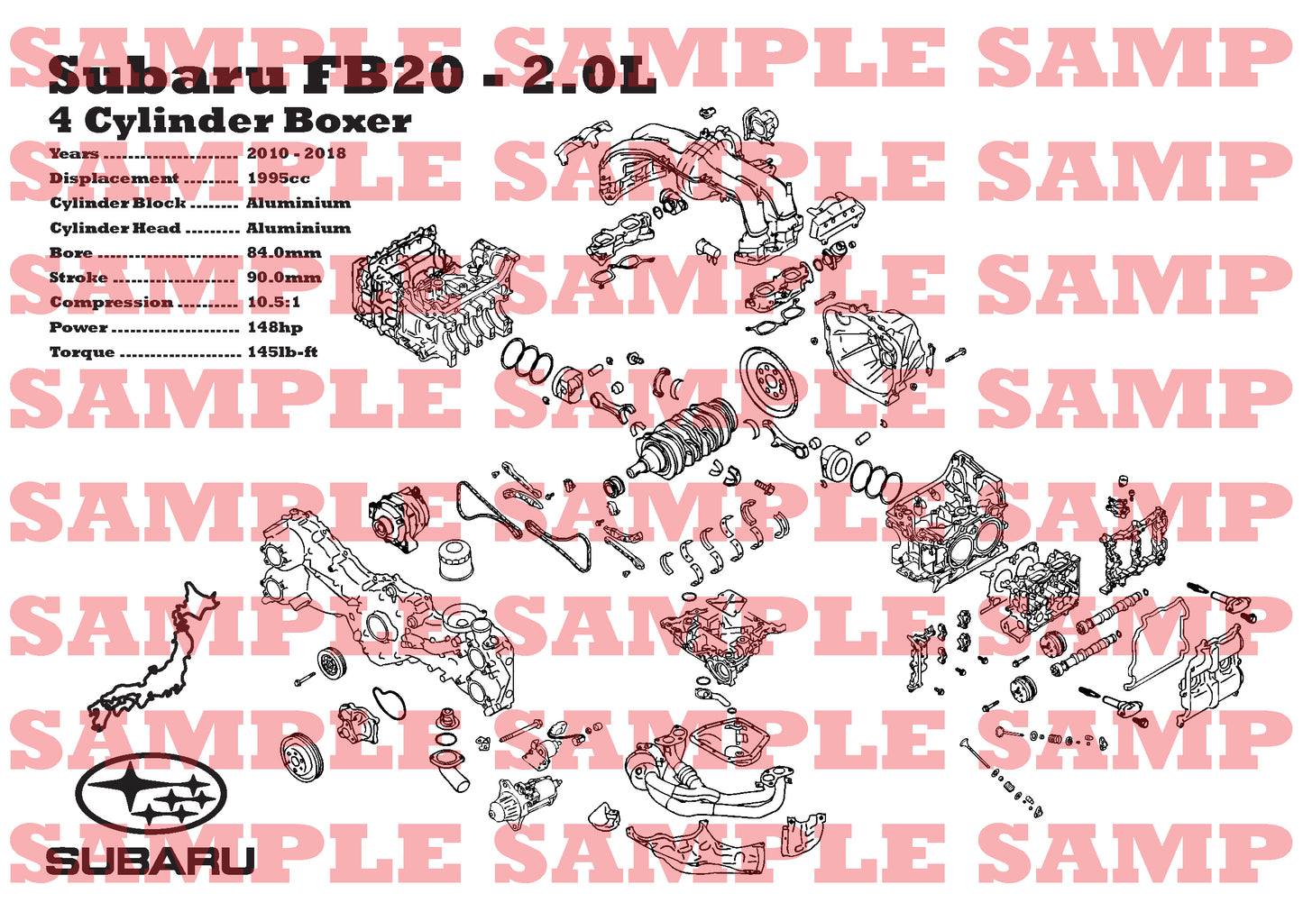 Subaru FB20 2.0L Exploded View Poster