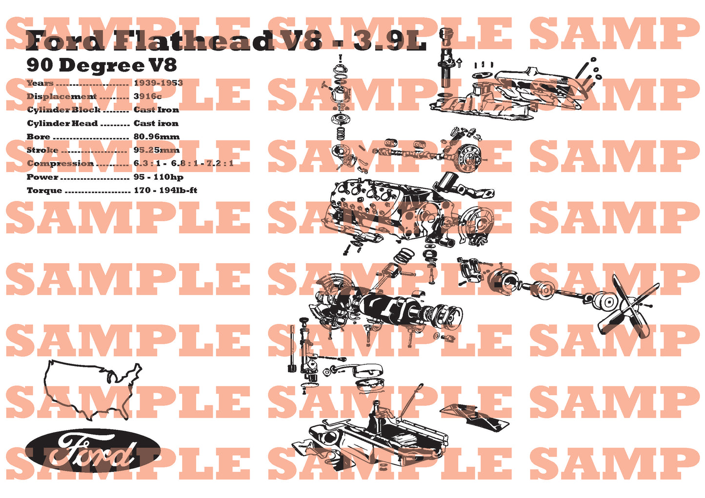 Ford Flathead 3.9L exploded view poster