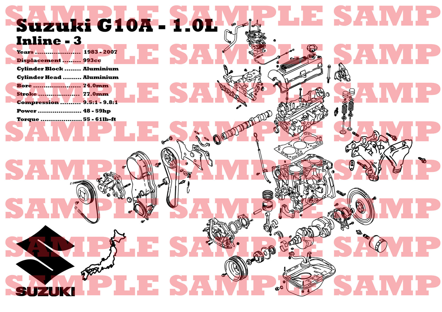 Suzuki G10A 1.0L exploded view poster