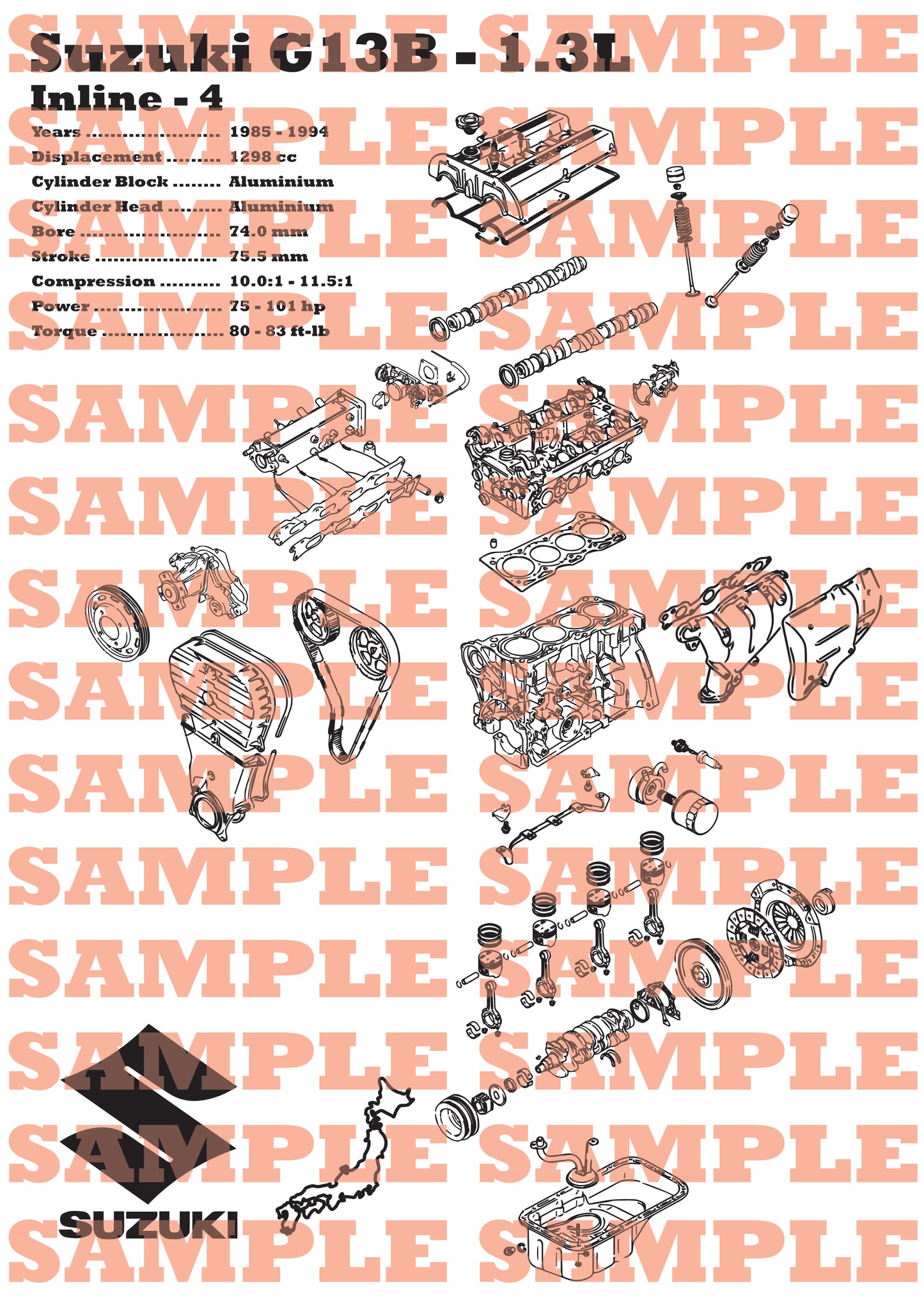 Suzuki G13B 1.3L exploded view poster