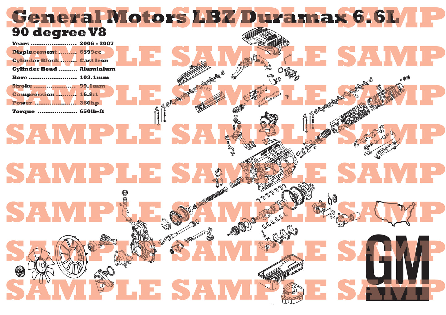 General Motors Duramax LBZ 6.6L Exploded View Poster