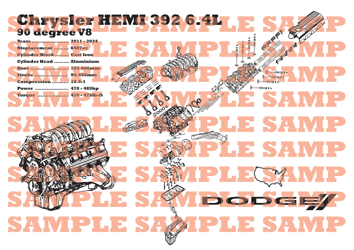 Chrysler HEMI 392 6.4L Exploded View Poster