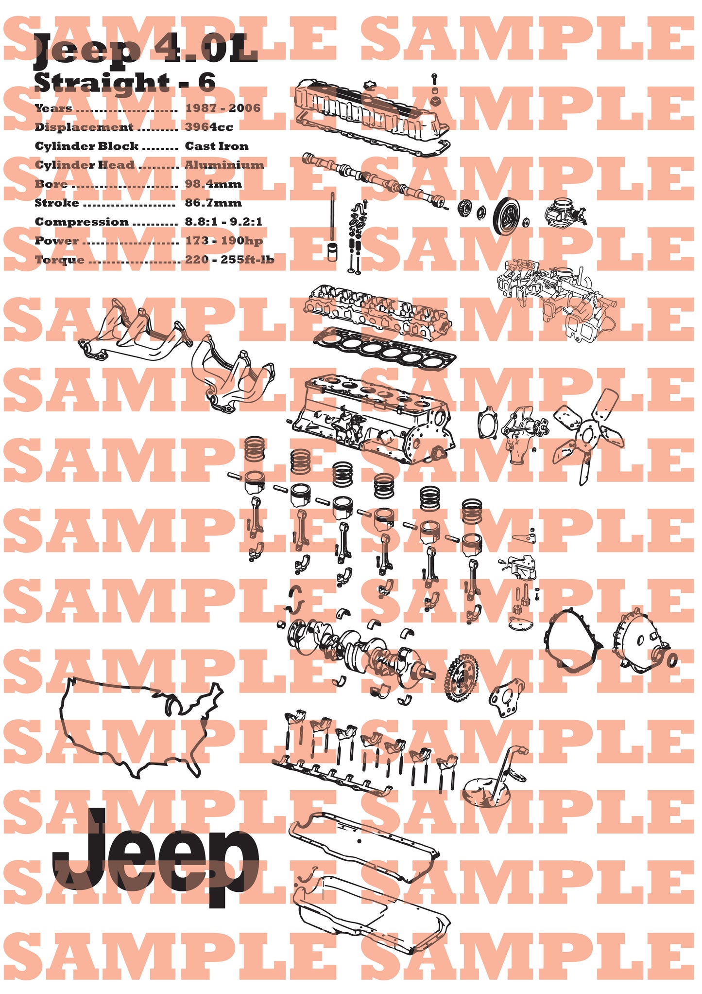 Jeep 4.0L inline 6 Exploded View Poster