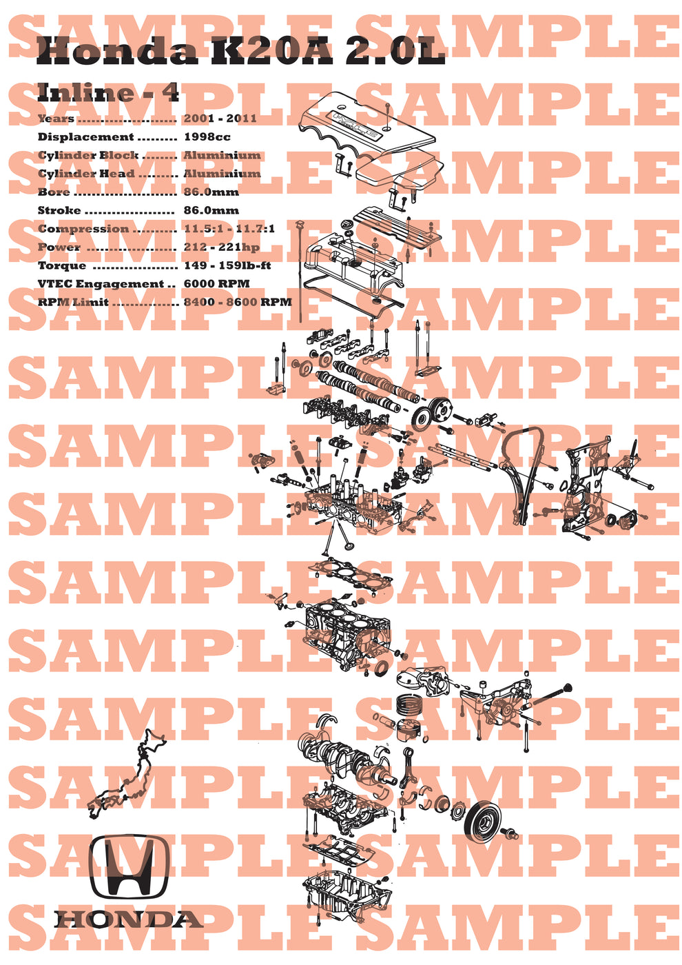 Honda K20A 2.0L Exploded View Poster – EngineMaps