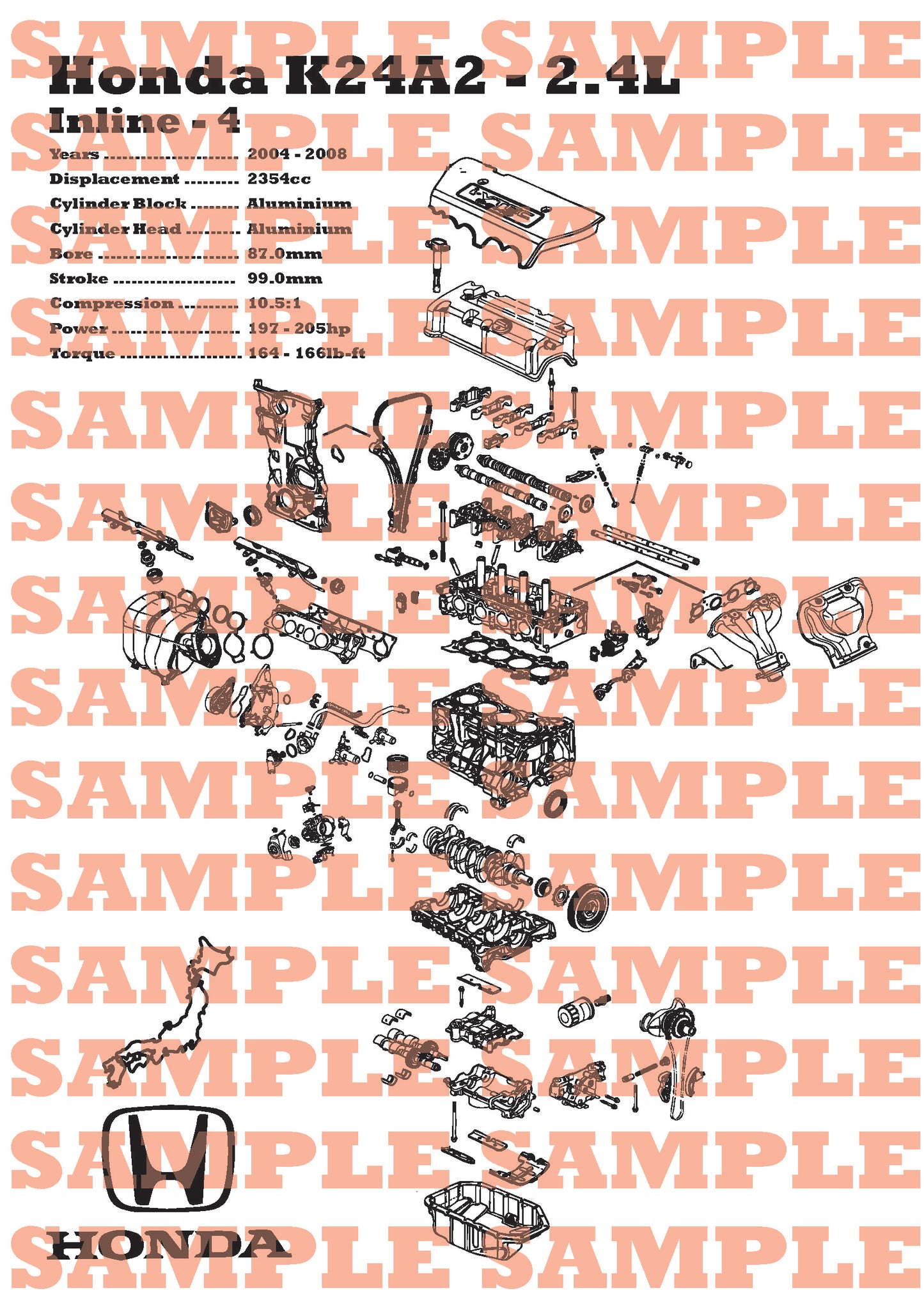 Honda K24A2 2.4L Exploded View Poster