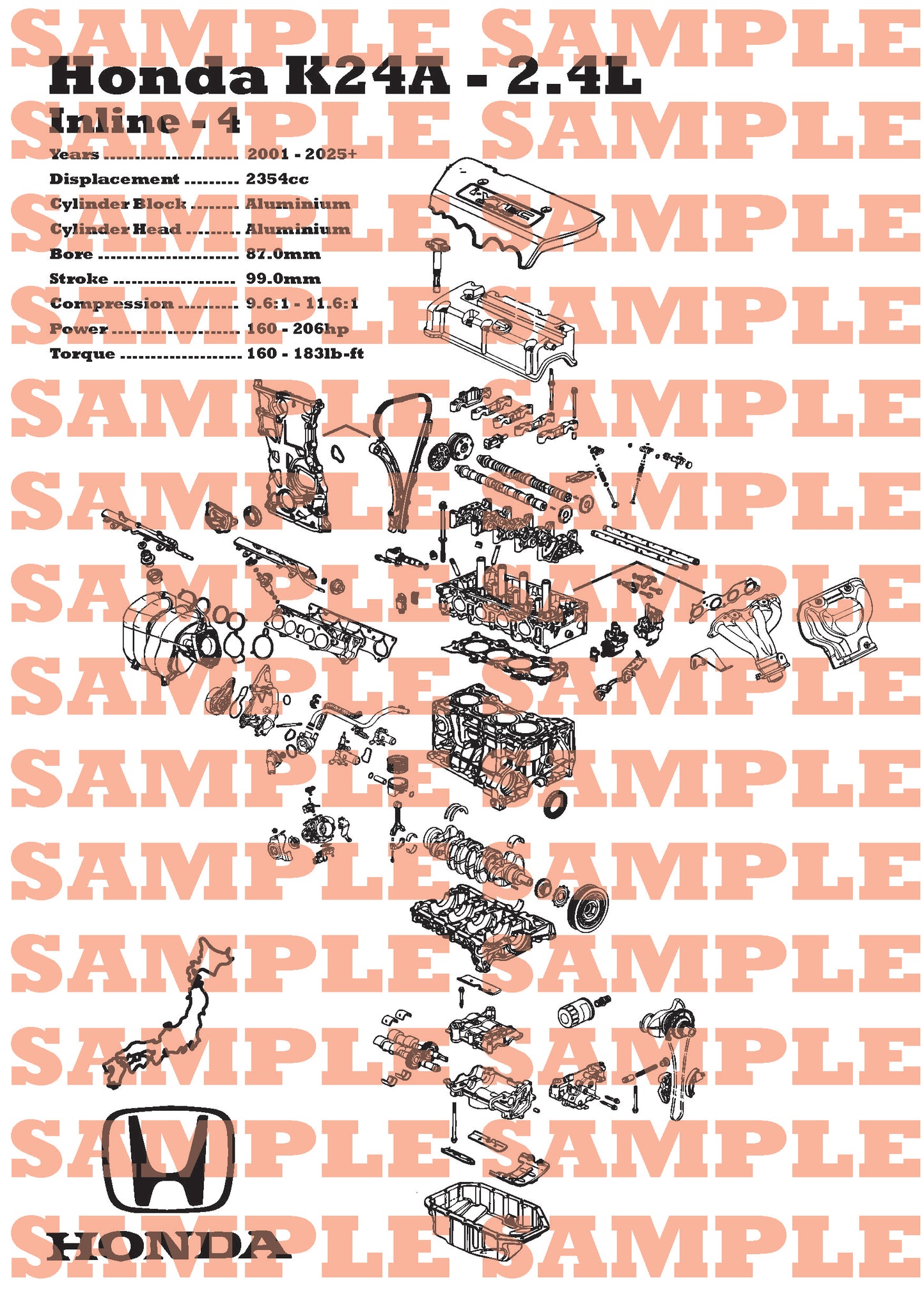 Honda K24A 2.4L Exploded View Poster