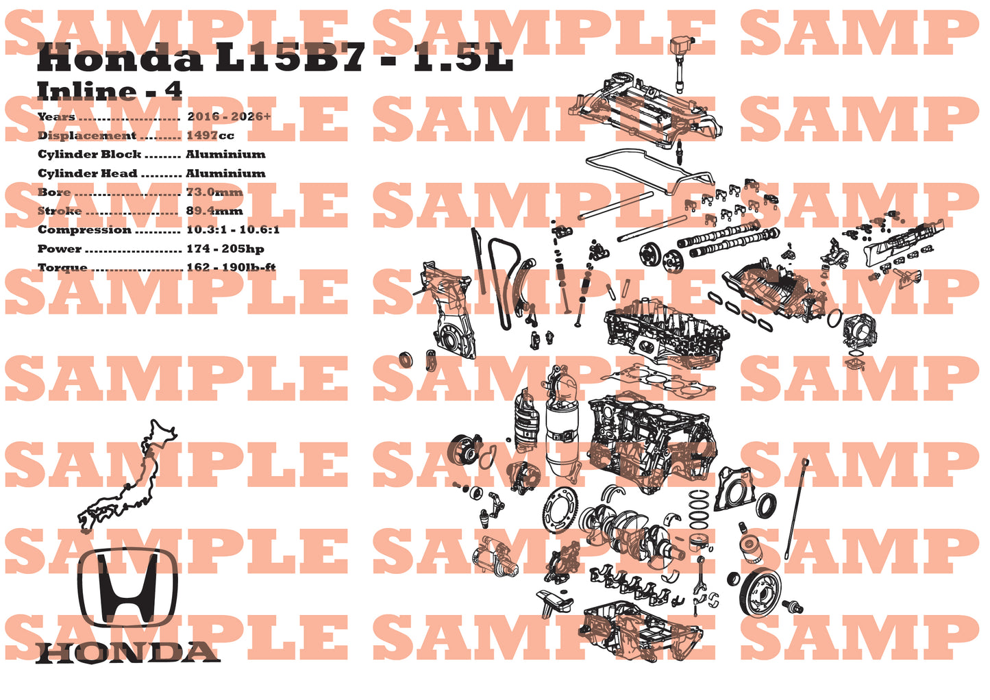 Honda L15B7 1.5L Exploded View Poster
