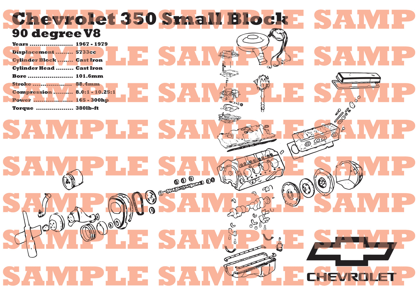 Chevrolet L48 350 small block 5.7L exploded view poster