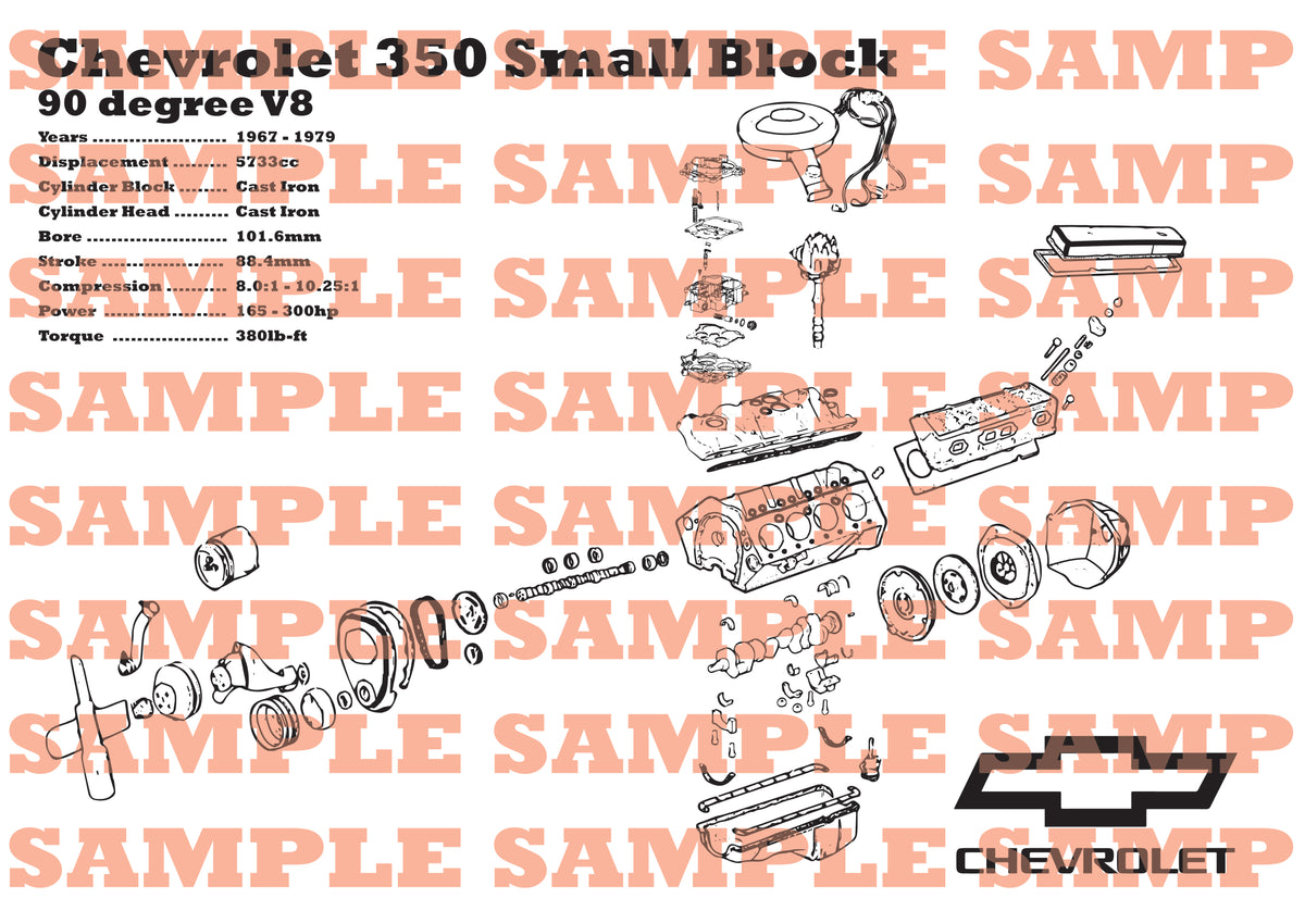 Chevrolet L48 350 small block 5.7L exploded view poster – EngineMaps