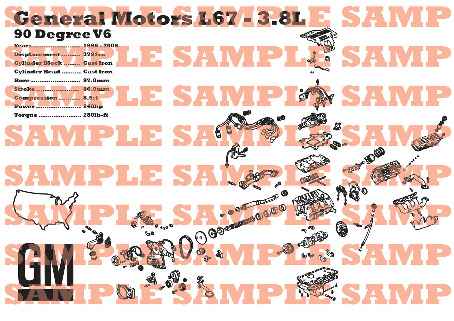 General Motors L67 Series II 3.8L Engine Exploded View Poster