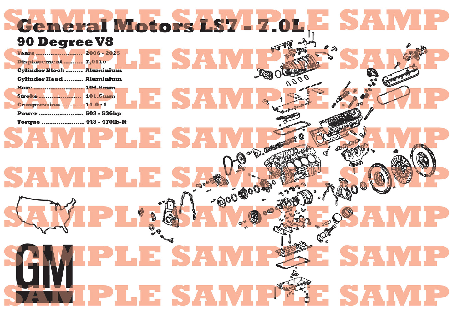 General Motors LS3 6.2L Exploded view poster