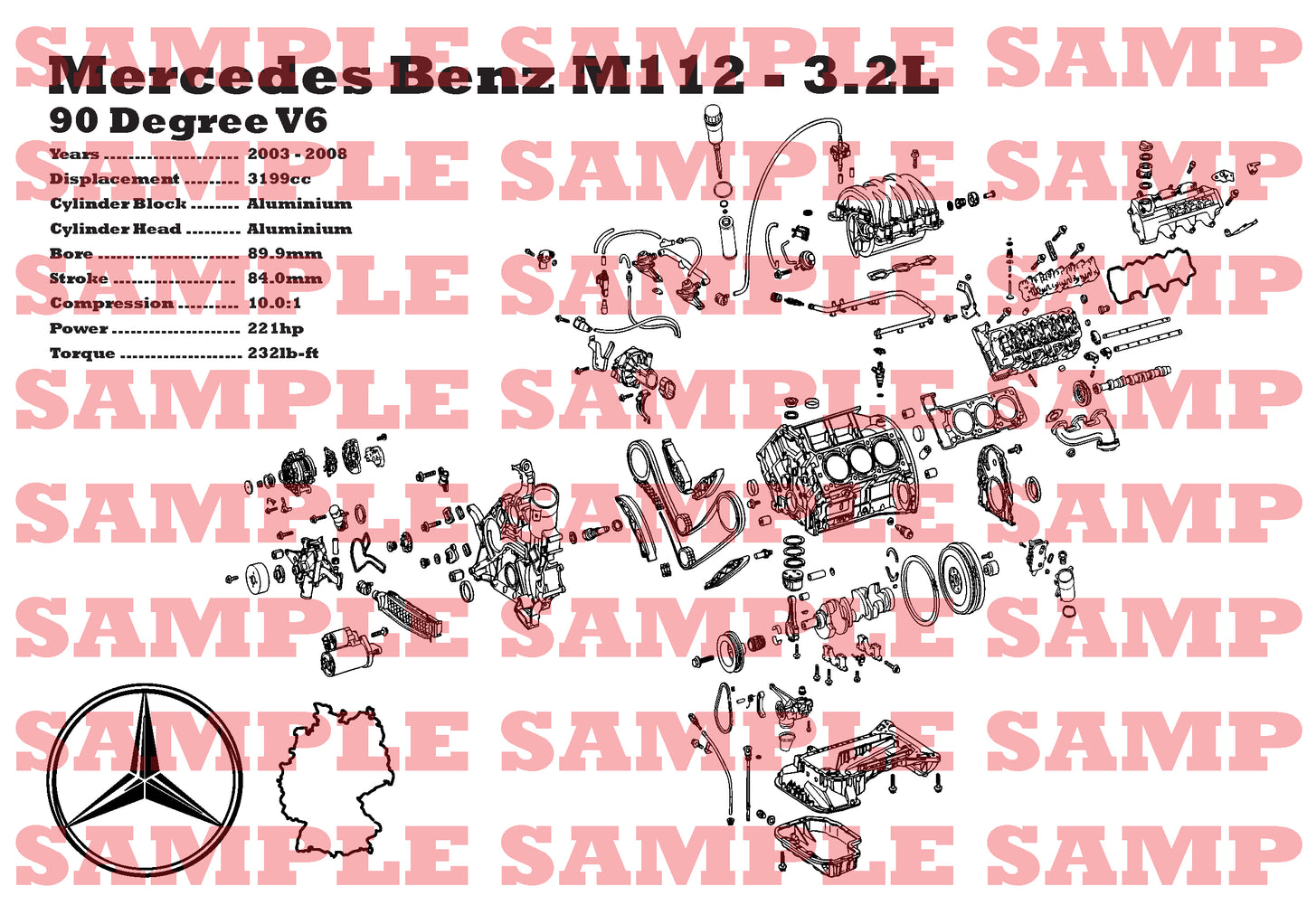 Mercedes Benz M112.954 3.2L exploded view poster