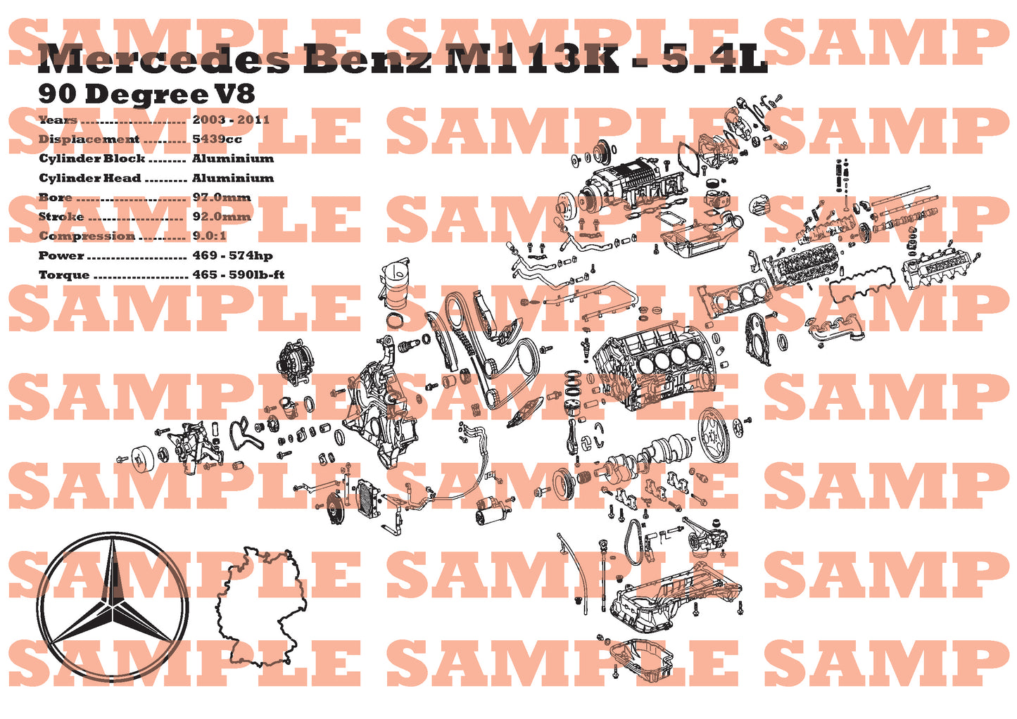 Mercedes Benz M113k 5.5L exploded view poster
