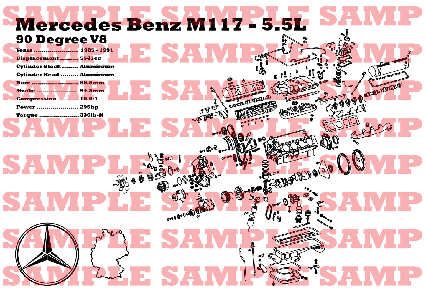Mercedes Benz M117.954 5.5L exploded view poster