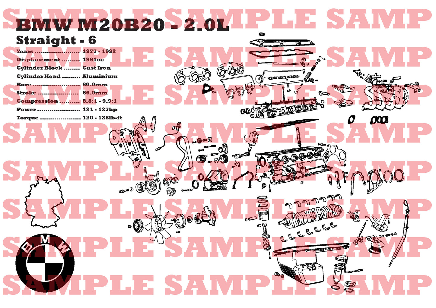 BMW M20B20 2.0L exploded view poster