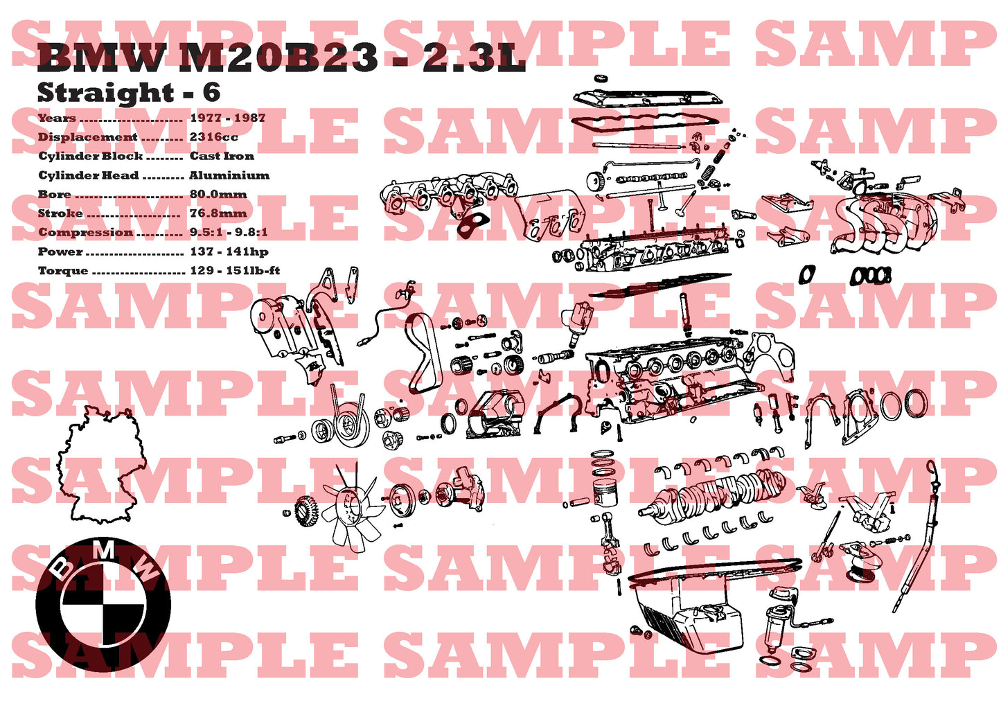 BMW M20B23 2.3L exploded view poster