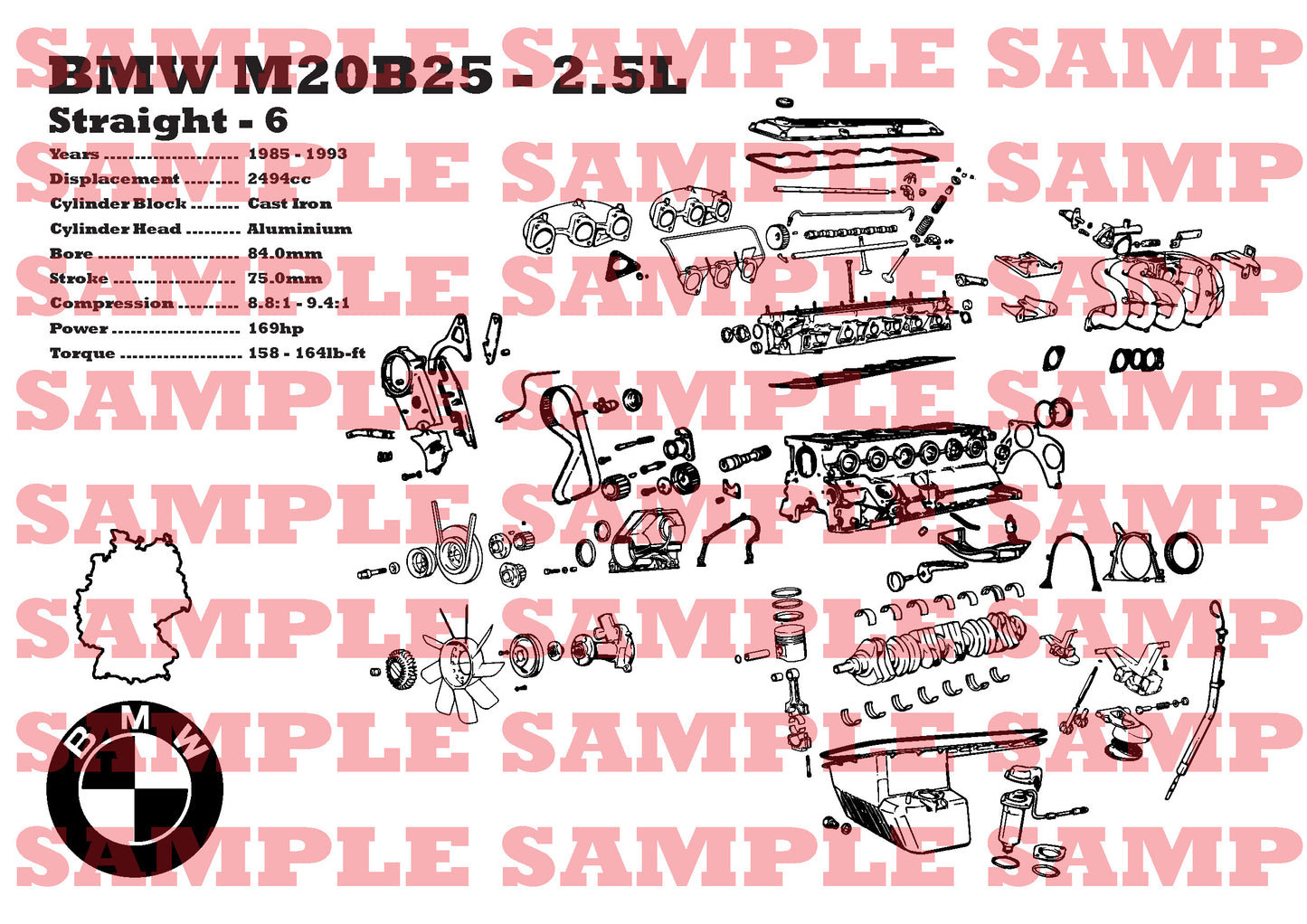 BMW M20B25 2.5L exploded view poster