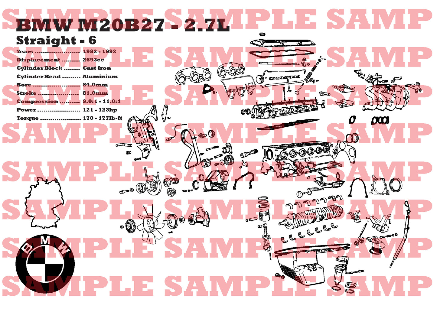 BMW M20B27 2.7L exploded view poster