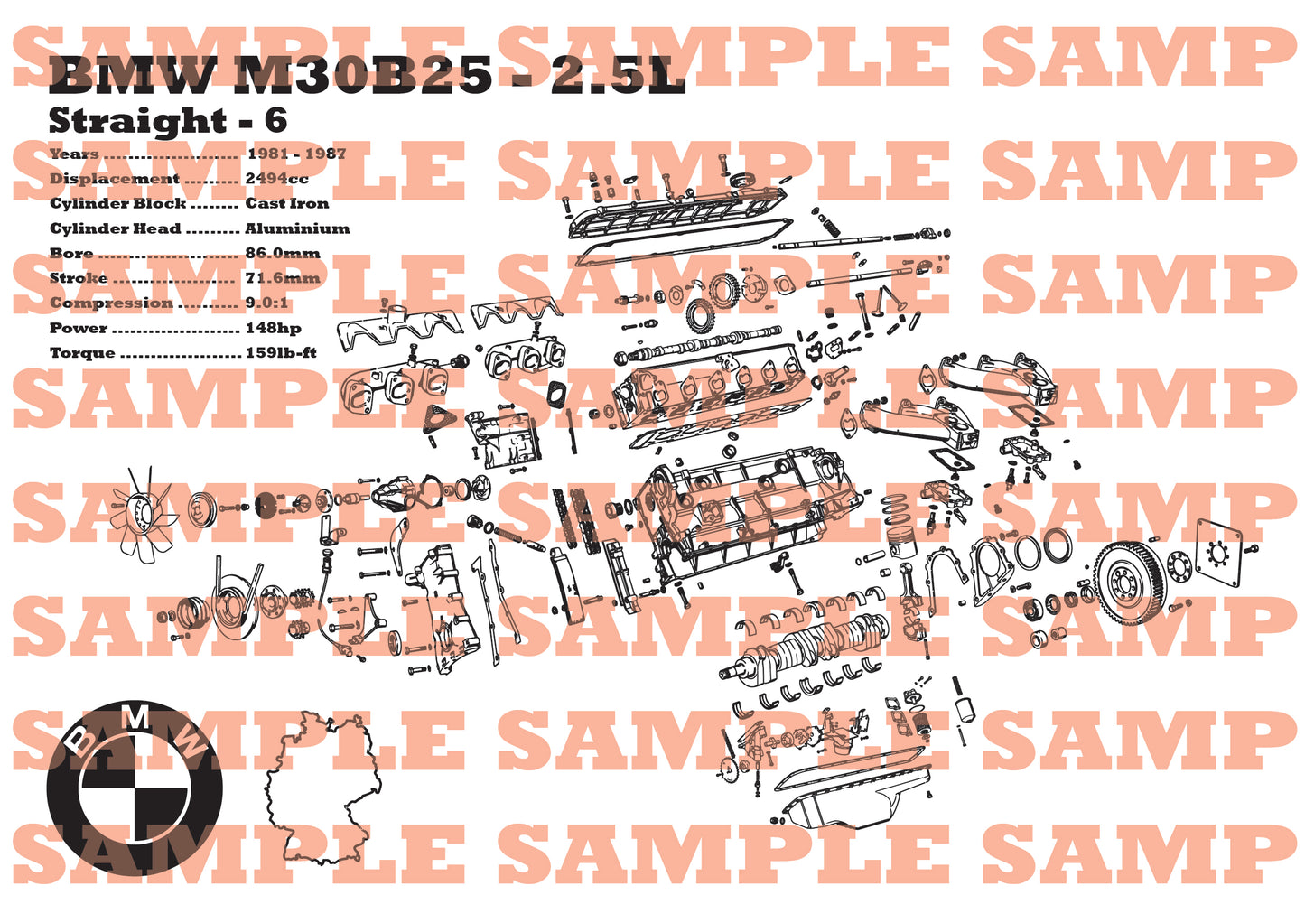 BMW M30B25 2.5L exploded view poster