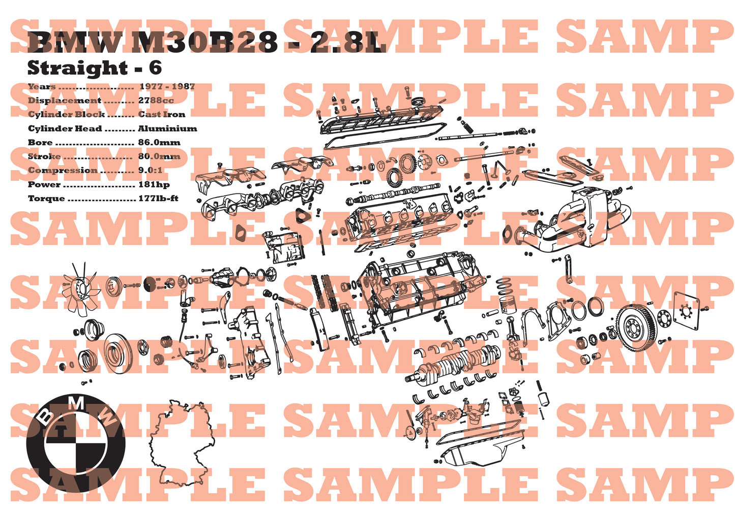 BMW M30B28 2.8L exploded view poster