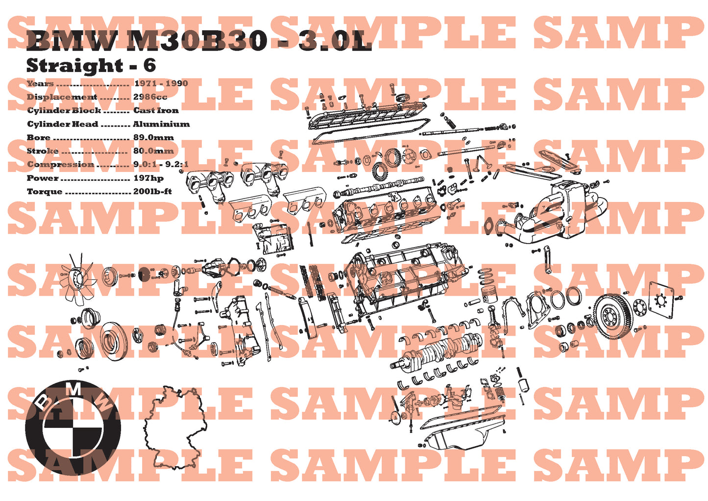 BMW M30B30 3.0L exploded view poster