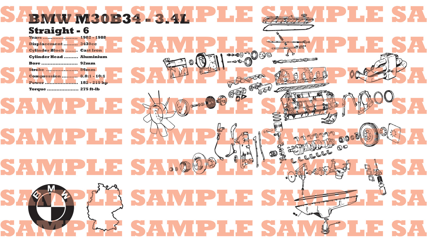 BMW M30B34 3.4L exploded view banner