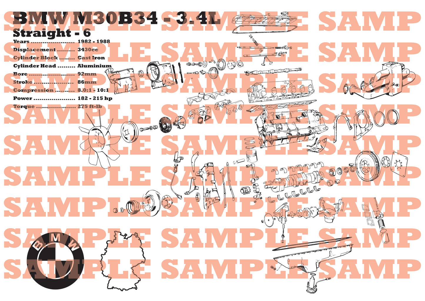 BMW M30B34 3.4L exploded view poster