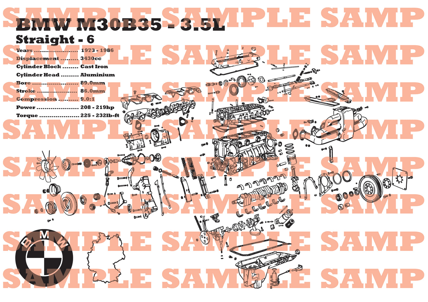 BMW M30B35 3.5L exploded view poster