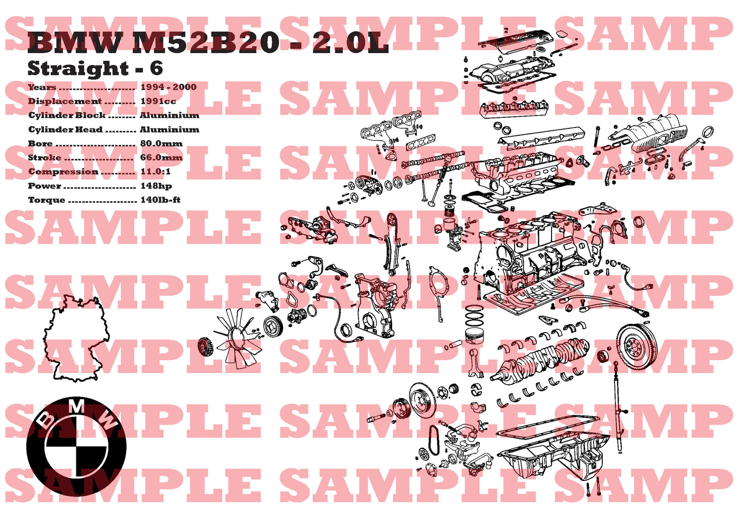 BMW M52B20 2.0L exploded view poster