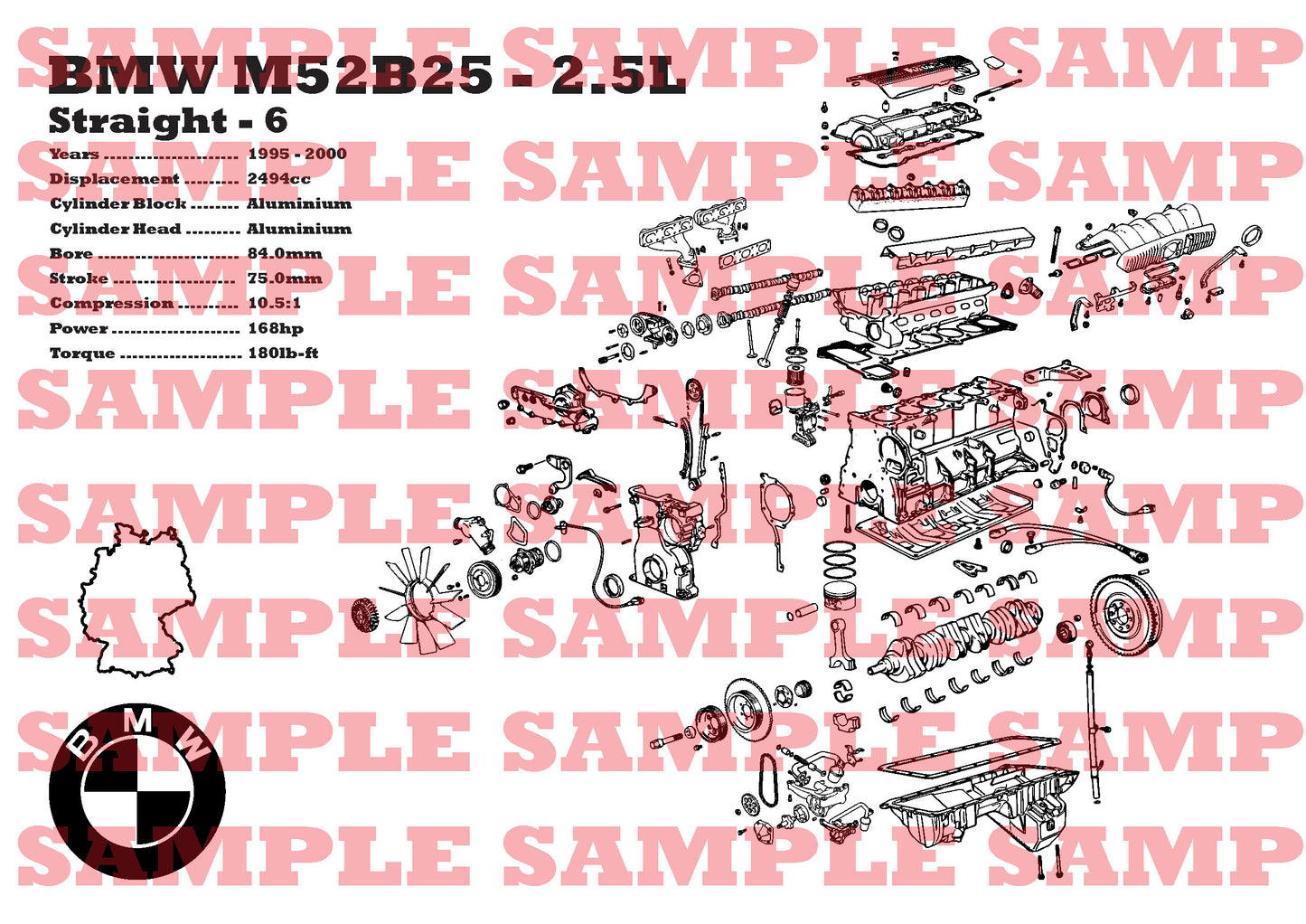 BMW M52B25 2.5L exploded view poster