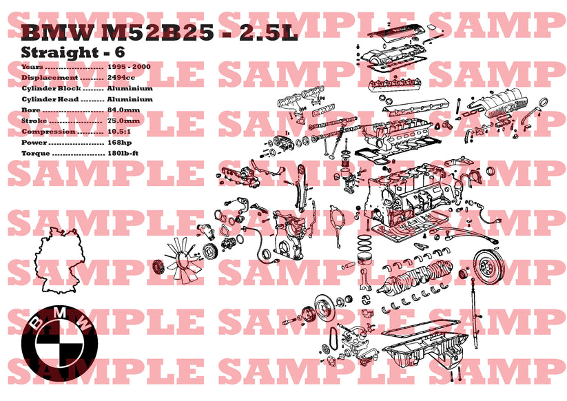 BMW M52B25 2.5L exploded view poster – EngineMaps