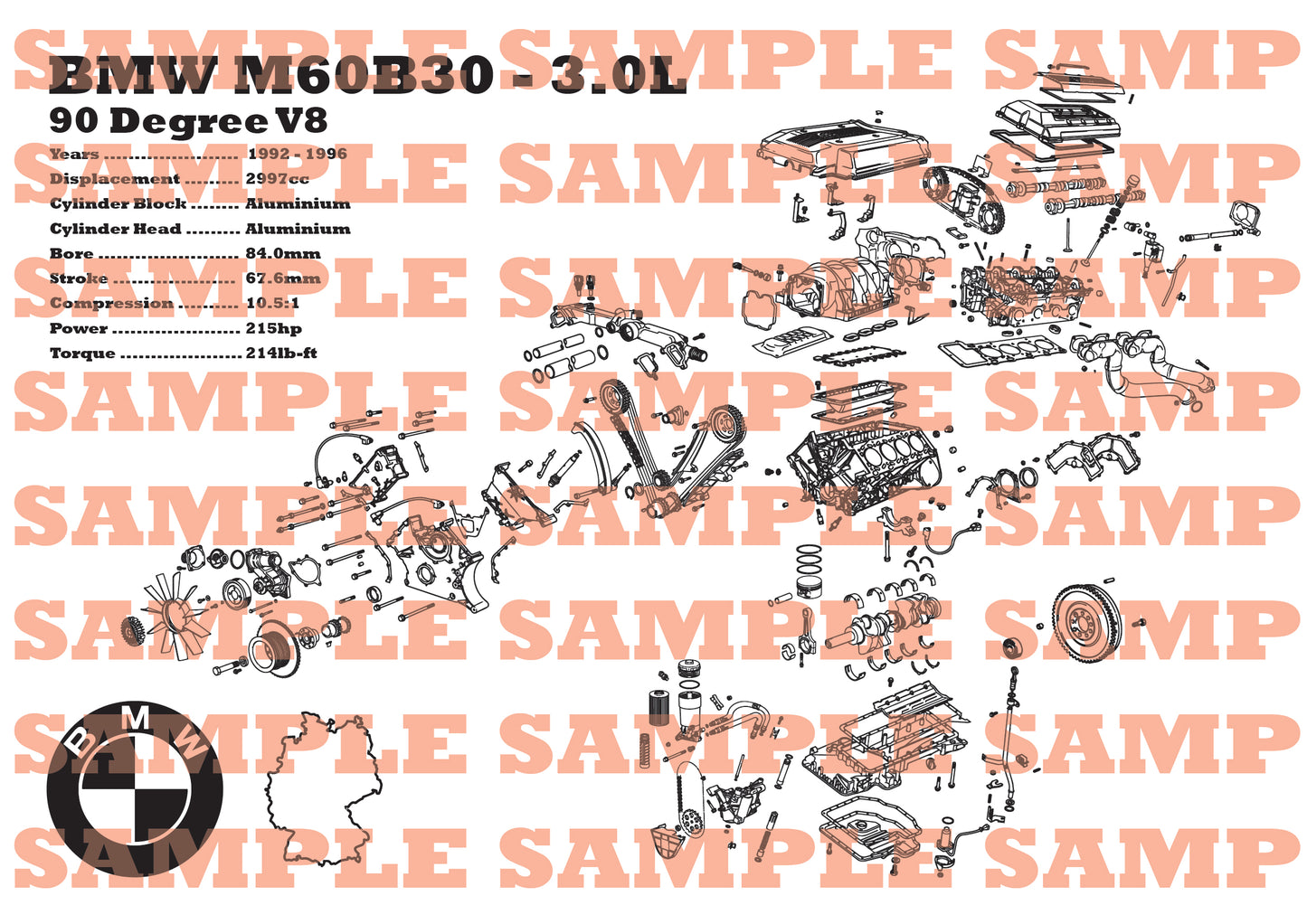 BMW M60B30 3.0L exploded view poster