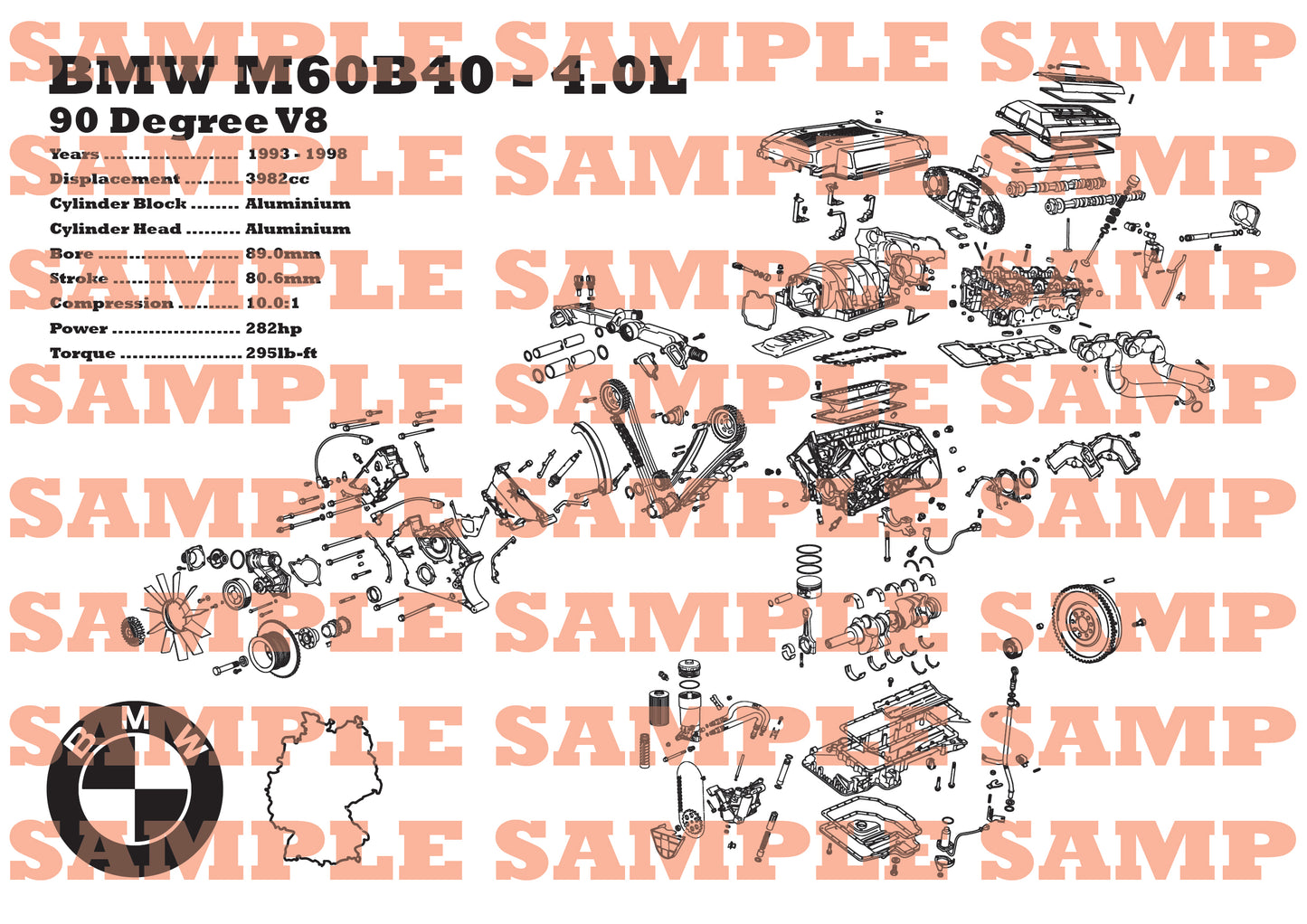BMW M60B40 4.0L exploded view poster