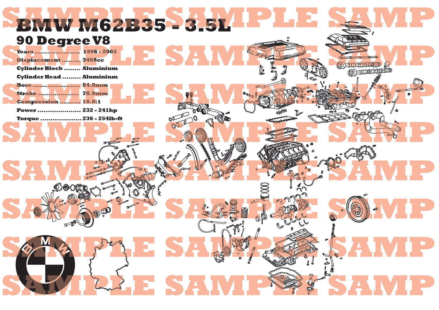 BMW M62B35 3.5L exploded view poster